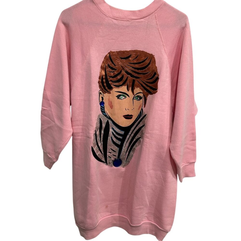 Vintage Sweatshirt Hand-Painted Portrait Art Pink Crewneck Graphic Retro 80s